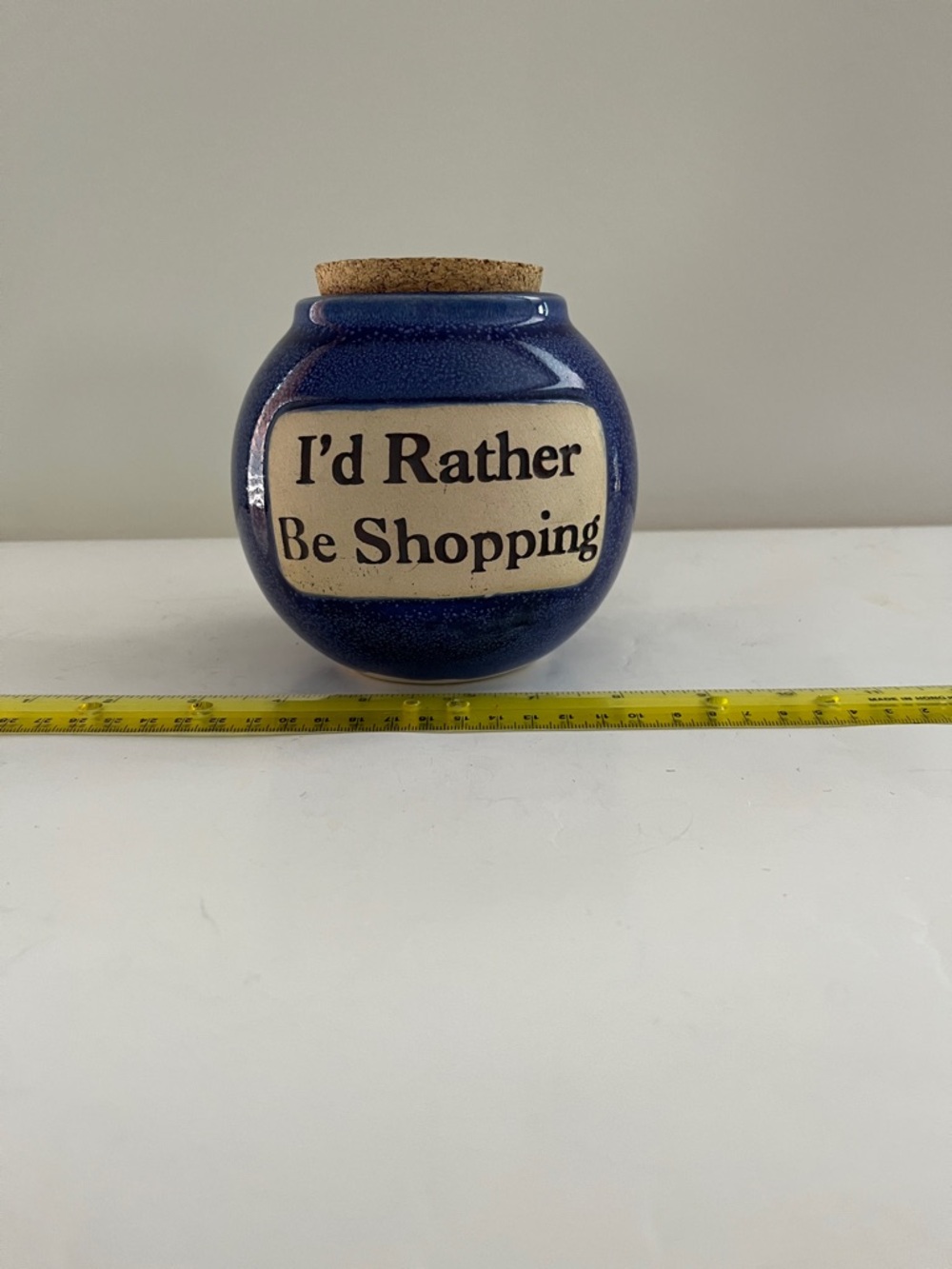 Blue Ceramic “Money Jar” with Cork Lid - 'I'd Rather Be Shopping'